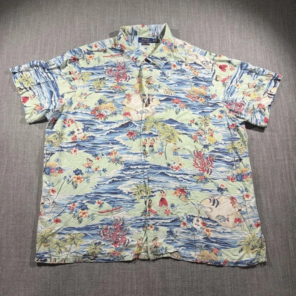 Polo Ralph Lauren Shirt Mens 2XL Multicolor Hawaiian Hula Short Sleeve Button Up